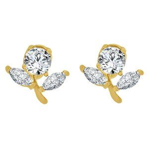 Flower Stud Screw Back Earring Cubic Zirconia Yellow Gold 14k